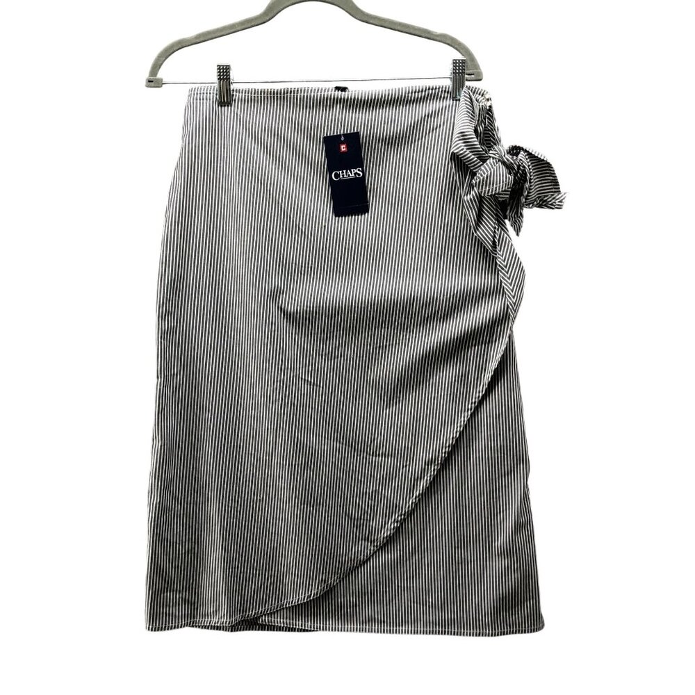 NWT Chaps Wrap Midi Skirt‎ Womens 12 Gray White Striped Poplin Stretch Side Tie
